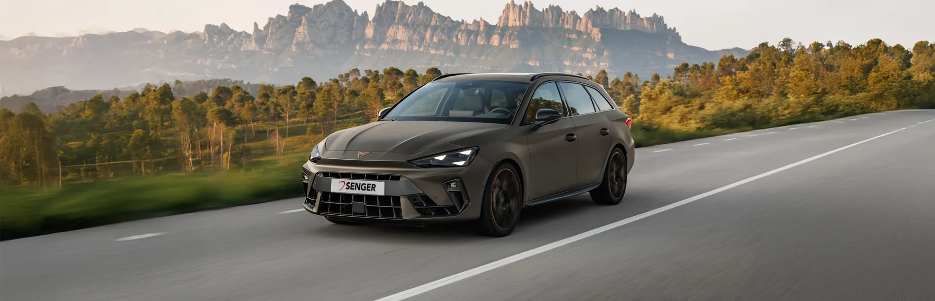 Ein CUPRA Leon Sportstourer in bronze fährt auf einer Straße. Im Hintergrund ist ein Wald und Berge.