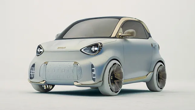 Ein weißer smart Concept #2 mit runden Scheinwerfern und futuristischem Design steht auf einer hellen Fläche.