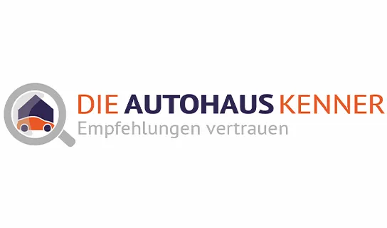 Logo mit einer Lupe, durch die ein stilisiertes Haus mit einem Auto davor gezeigt wird, daneben der Schriftzug 'DIE AUTOHAUSKENNER Empfehlungen vertrauen' in Orange, Dunkelblau und Grau.