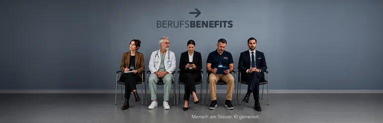 Fünf Personen in unterschiedlicher Berufskleidung sitzen nebeneinander auf Stühlen vor einer grauen Wand mit dem Schriftzug 'BERUFSBENEFITS' und einem Pfeil nach rechts